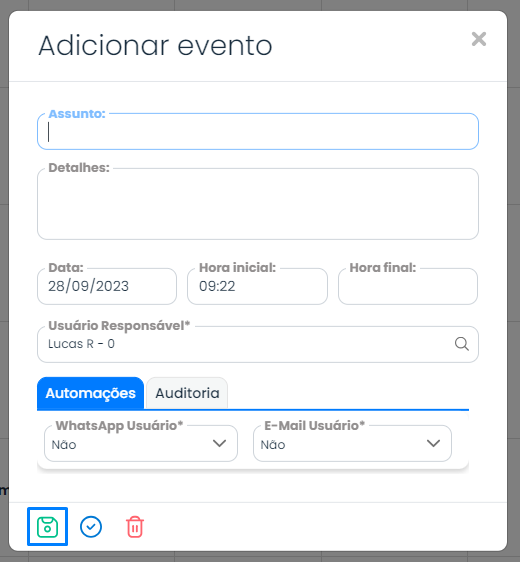 Agenda no Sistema Contábil Makro com formulário para adicionar evento, incluindo assunto, detalhes, data, horários e usuário responsável.