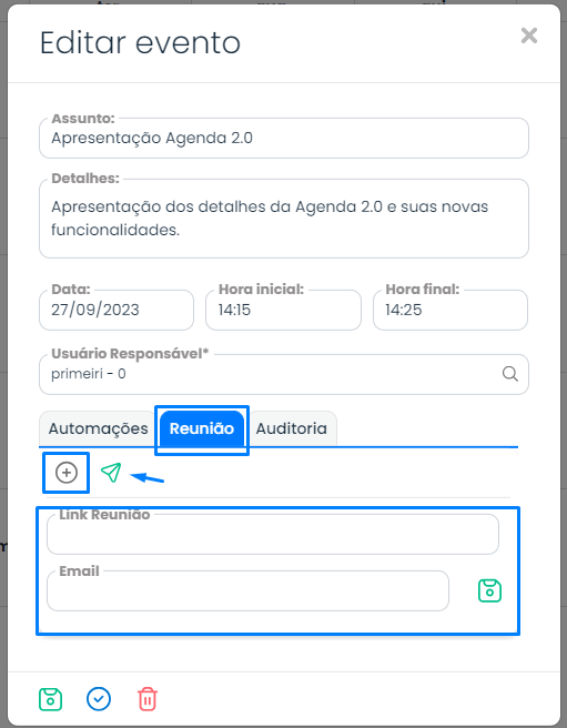 Agenda no Sistema Contábil Makro com tela de edição de evento, destacando a aba Reunião e campos para inserir link e e-mail do participante.