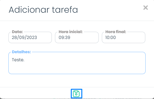 Agenda no Sistema Contábil Makro com formulário para adicionar tarefa, contendo campos de data, horários, detalhes e botão para salvar o cadastro.