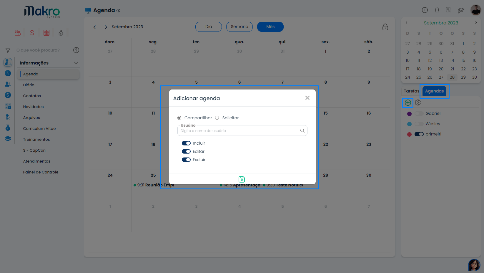 Agenda no Sistema Contábil Makro com janela para compartilhar ou solicitar agendas e definir permissões de inclusão, edição e exclusão.
