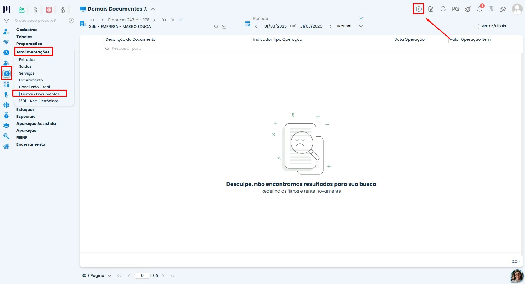 Valor de crédito de Pis e Cofins no Sistema Contábil Makro, com acesso ao menu Fiscal, Movimentações e opção Demais Documentos do sistema.
