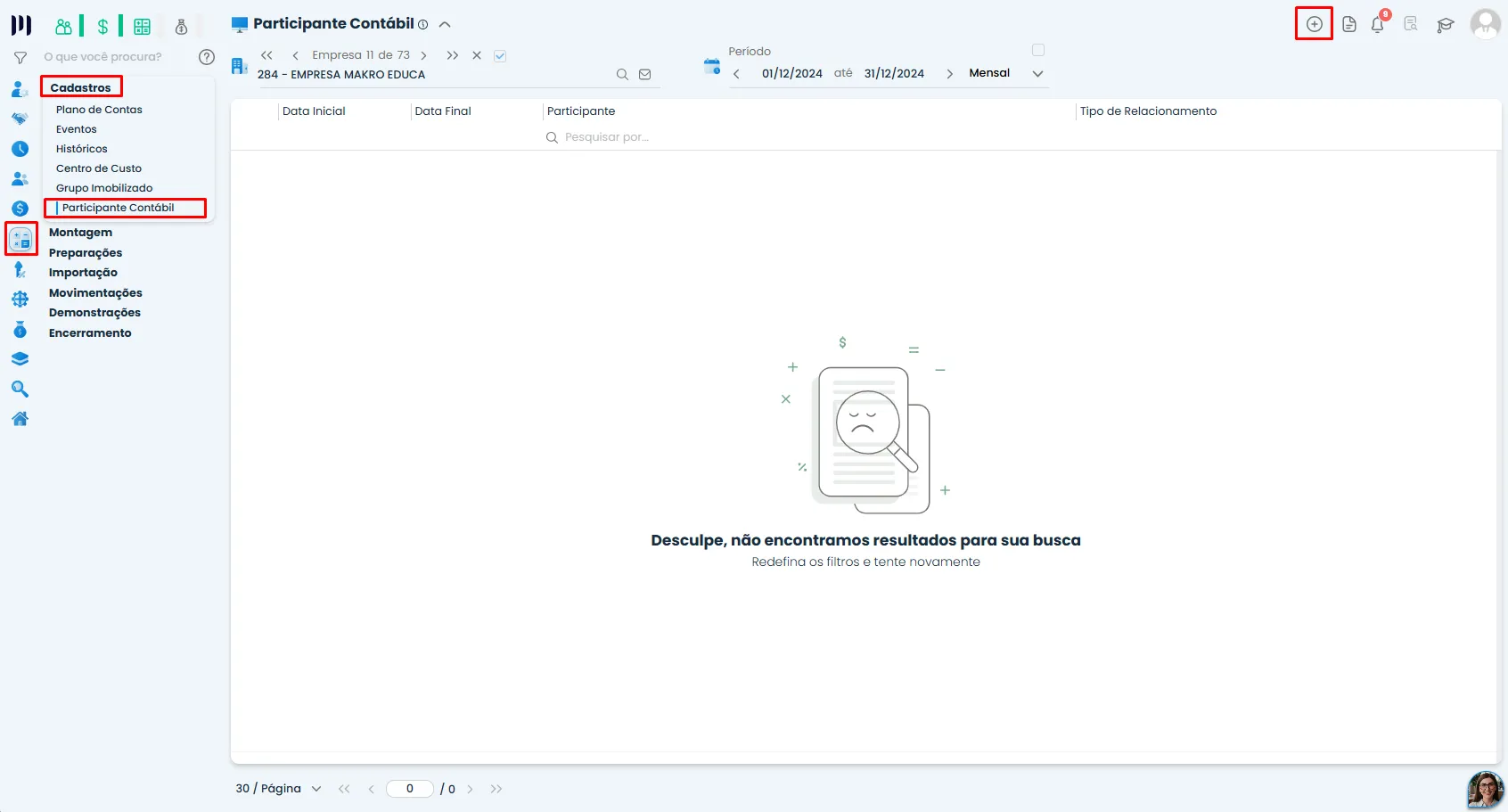 Tela do Sistema Contábil Makro mostra o menu Cadastros com Participante Contábil destacado e o botão de inclusão de novo registro.