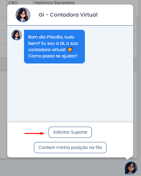 Chat da Gi no Sistema Contábil Makro exibe a opção Solicitar Suporte para começar o processo de suporte no Makro 4.0 pelo sistema.