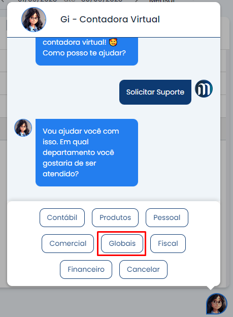 Gi no Sistema Contábil Makro apresenta opções de departamentos e destaca Globais para direcionar a demanda de suporte no Makro 4.0.
