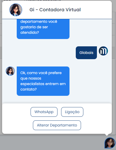 Chat da Gi no Sistema Contábil Makro mostra WhatsApp e Ligação para escolher como receber o contato do suporte no Makro 4.0.