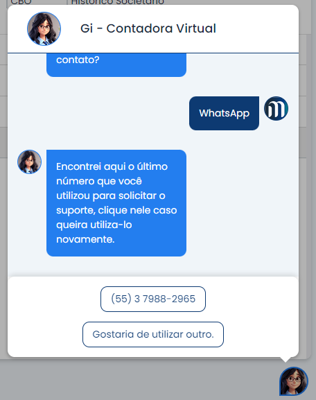 Gi no Sistema Contábil Makro exibe telefone já utilizado e opção para informar outro número durante a solicitação de suporte no Makro 4.0.