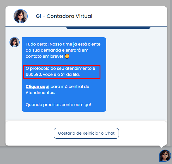 Gi no Sistema Contábil Makro confirma a solicitação, exibindo protocolo e posição na fila após concluir o pedido de suporte no Makro 4.0.