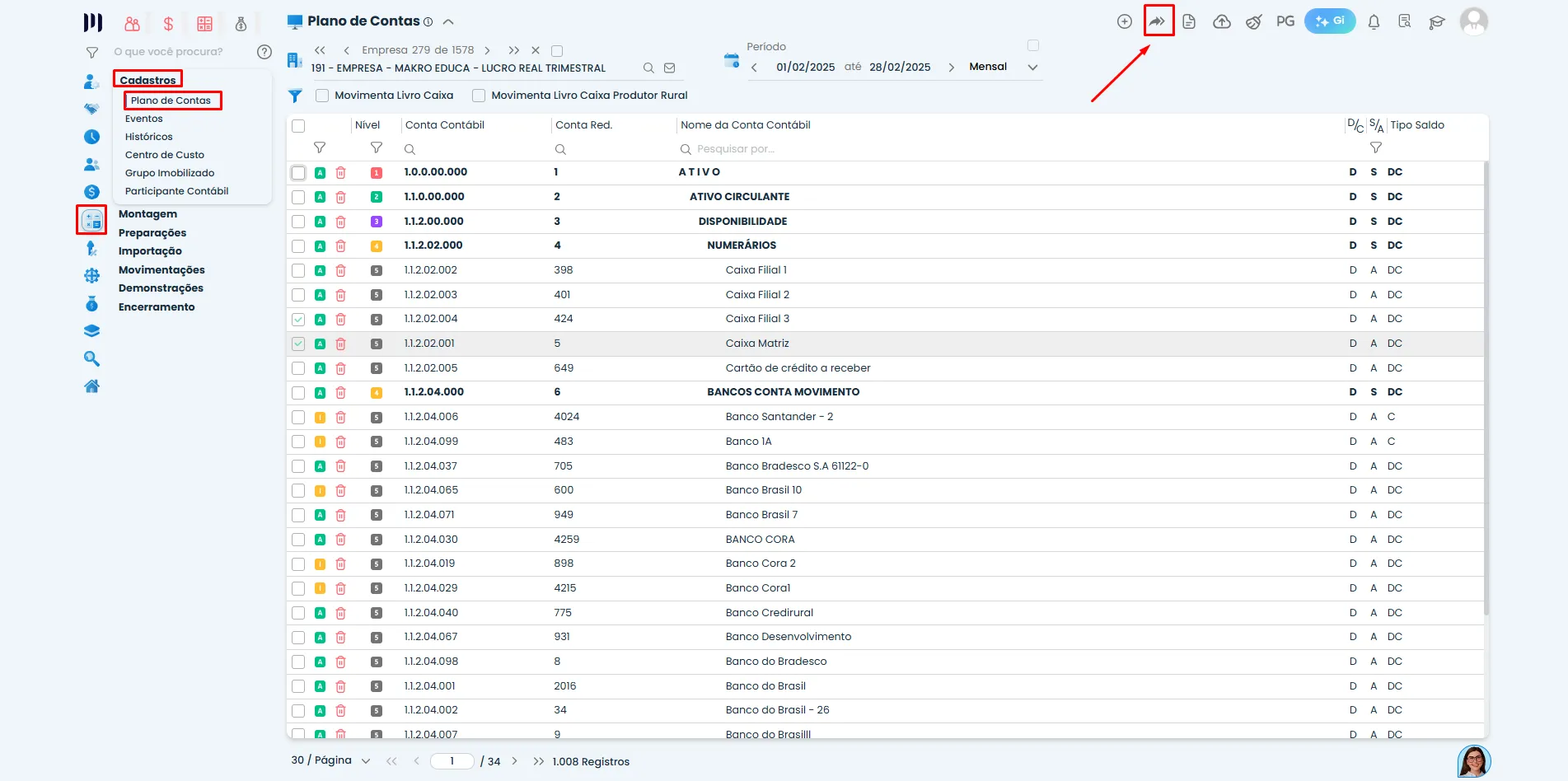 Tela do Sistema Contábil Makro exibe Plano de Contas, com destaques no acesso ao Plano Referencial para conferir Links Referenciais.