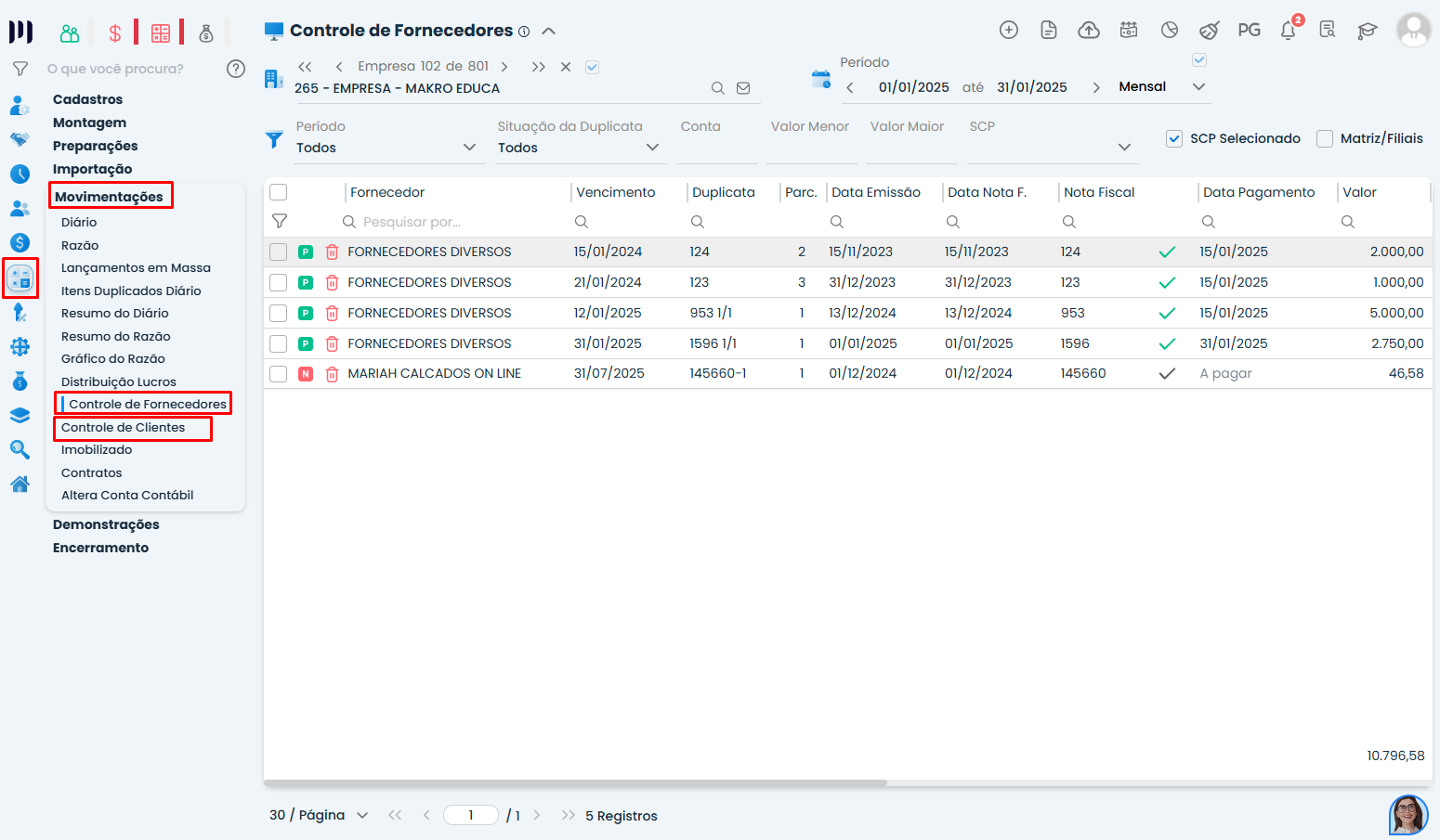 Sistema Contábil Makro destaca o Controle de Fornecedores, onde é possível selecionar registros para baixar ou estornar duplicata em massa.