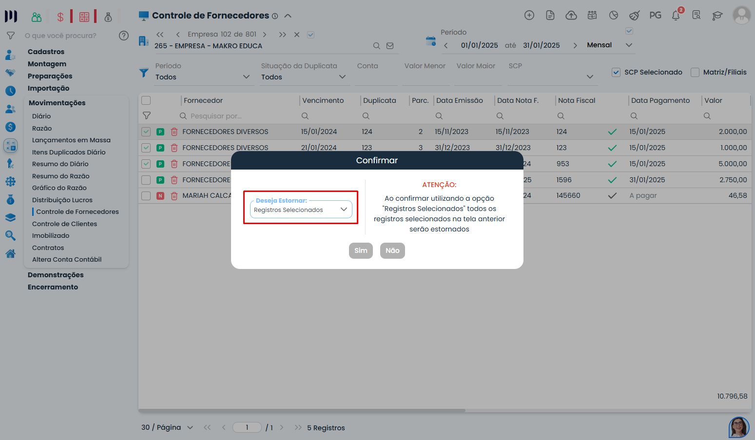 Janela de confirmação do Sistema Contábil Makro exibe Registros Selecionados para confirmar a ação de baixar ou estornar duplicata em massa.