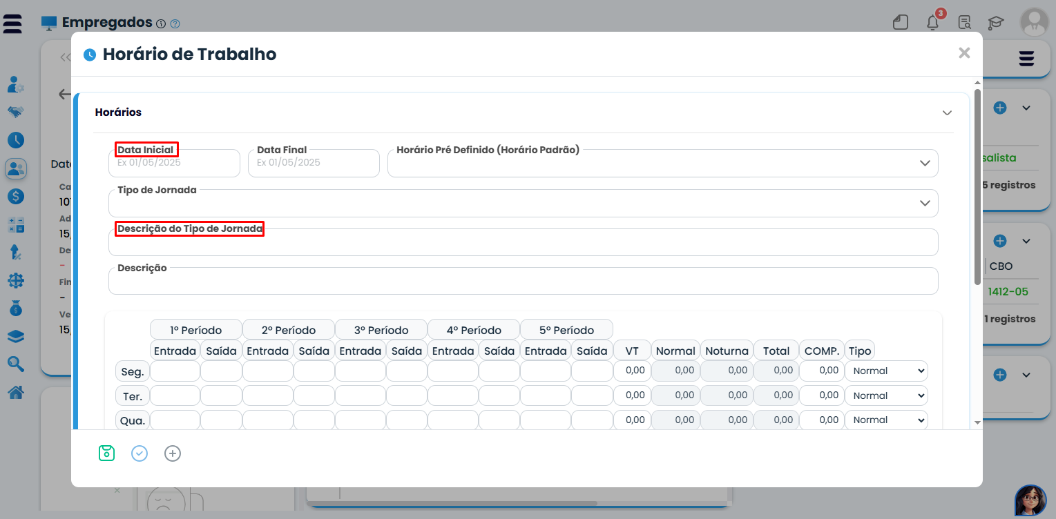 Janela Horário de Trabalho do Sistema Contábil Makro destaca Data Inicial e Descrição do Tipo de Jornada para configurar a Jornada 12x36.