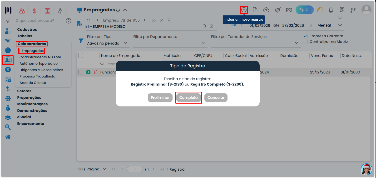 Tela do Sistema Contábil Makro destaca Empregados, novo registro e opção Completo para iniciar o Cadastro de trabalhador temporário.