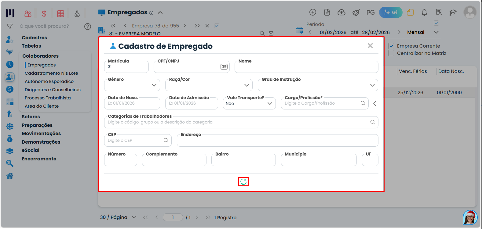 Tela de Cadastro de Empregado no Sistema Contábil Makro exibe campos de dados pessoais básicos para o Cadastro de trabalhador temporário.
