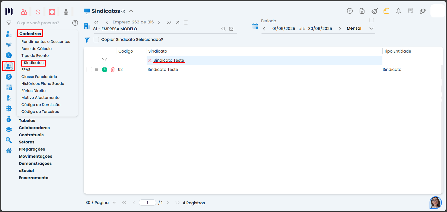 Cadastro de Sindicatos no Sistema Contábil Makro, etapa usada para localizar o sindicato e configurar o cálculo das Médias das férias.