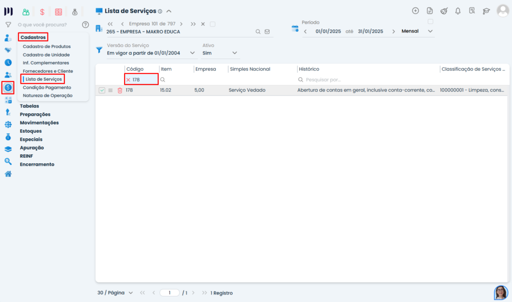 Tela da Lista de Serviços no Sistema Contábil Makro destaca o código do serviço usado na Contabilização das Notas Fiscais.