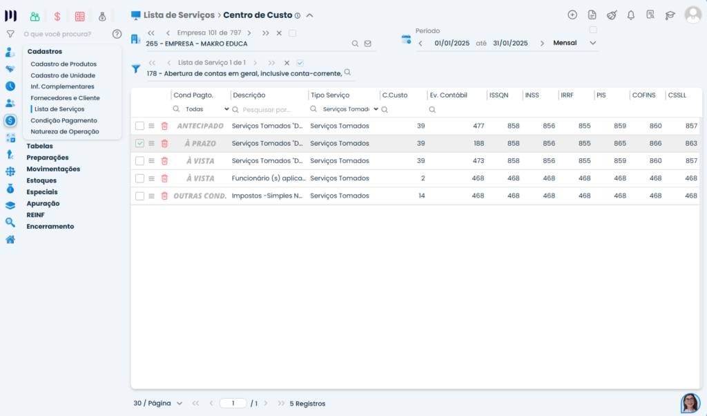 Tela de Centro de Custo no Sistema Contábil Makro exibe condições e eventos usados na Contabilização das Notas Fiscais.