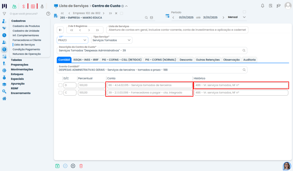 Cadastro no Sistema Contábil Makro destaca contas e históricos do evento para realizar a Contabilização das Notas Fiscais.