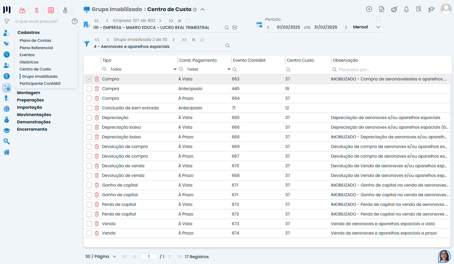 Tela do Sistema Contábil Makro lista tipos, condições de pagamento e eventos usados na Contabilização referente ao Imobilizado.