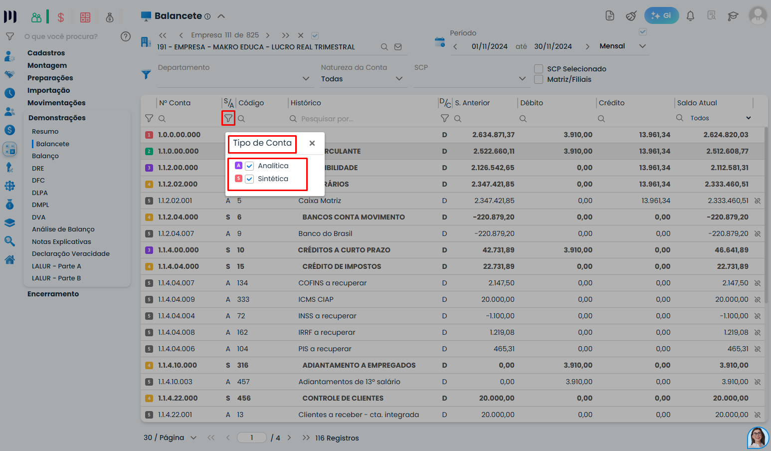 Tela do Sistema Contábil Makro com Filtros do Balancete, exibindo Tipo de Conta com opções Analítica e Sintética para detalhar o relatório.