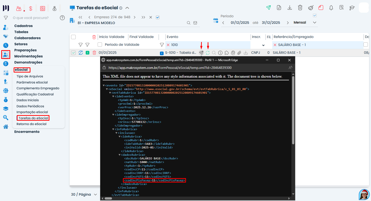 Tela de Tarefas do eSocial no Sistema Contábil Makro mostra XML do evento S-1010 com a tag necessária para informar o PIS sobre folha.