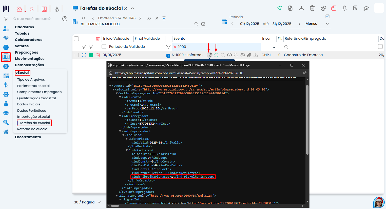 Tela de Tarefas do eSocial no Sistema Contábil Makro exibe XML do evento S-1000 com indicativo de contribuição referente ao PIS sobre folha.
