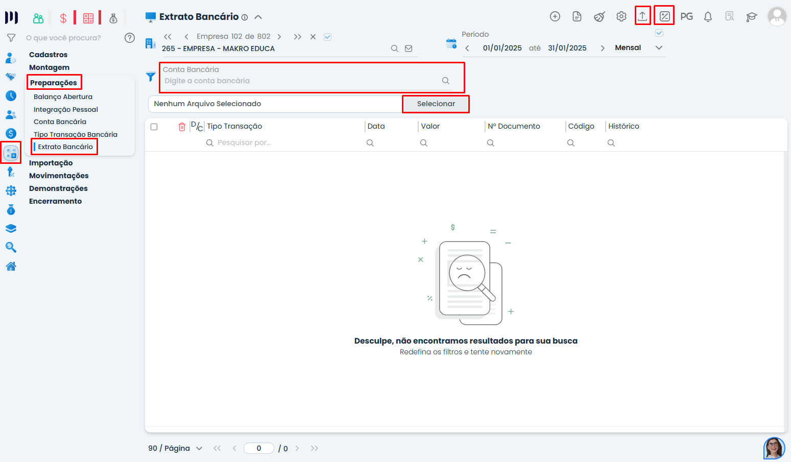 Tela do Sistema Contábil Makro apresenta a área de Extrato Bancário, com seleção da conta bancária e opção para importar o arquivo OFX.