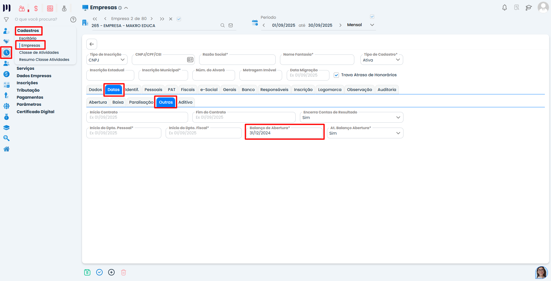 Tela do Sistema Contábil Makro destaca o campo Balanço de Abertura no cadastro da empresa, com data definida para iniciar os saldos contábeis.
