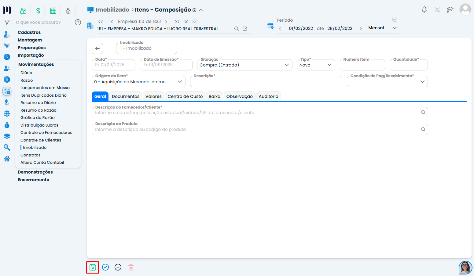 Inclusão de imobilizado por empréstimo no Sistema Contábil Makro, com tela de composição para cadastrar informações e valores dos itens do bem.