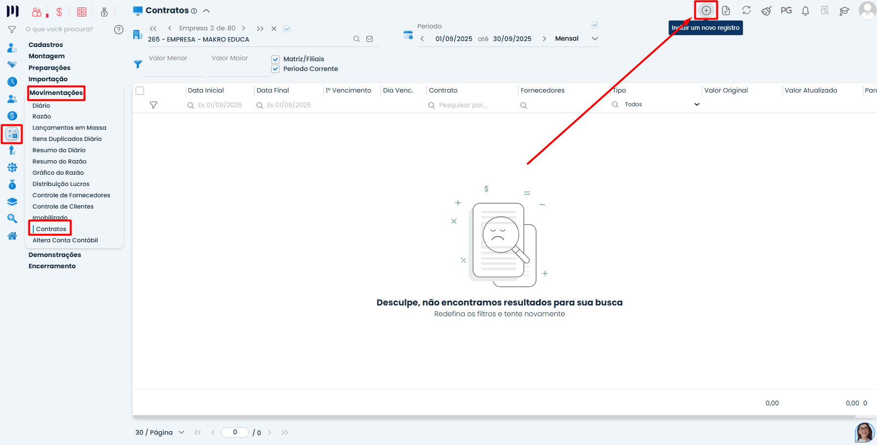 Tela de Contratos do Sistema Contábil Makro destaca novo registro para iniciar o cadastro de Imobilizado por empréstimo.