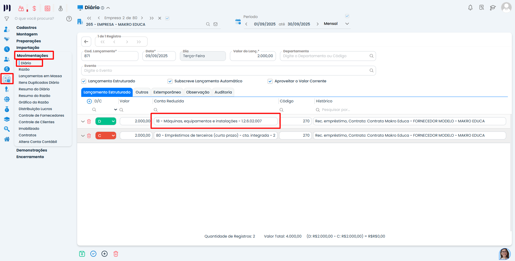 Tela do Diário no Sistema Contábil Makro mostra lançamento estruturado para ajuste contábil relacionado ao Imobilizado por empréstimo.