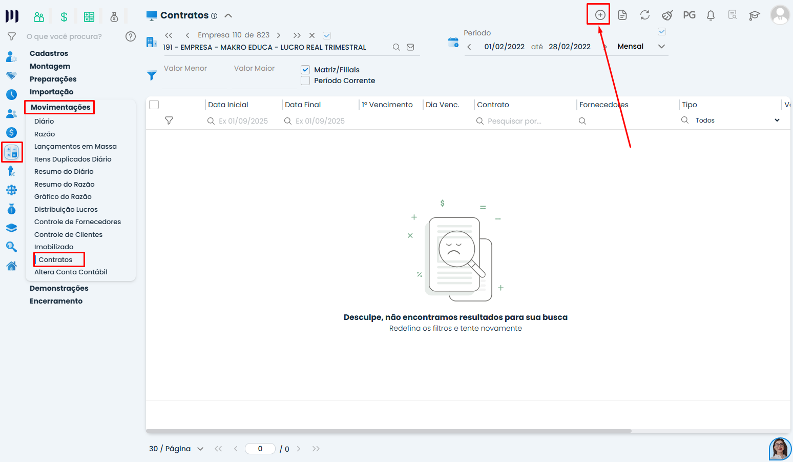 Tela de Contratos do Sistema Contábil Makro destaca o menu e botão de novo registro para iniciar a Inclusão de imobilizado financiado.