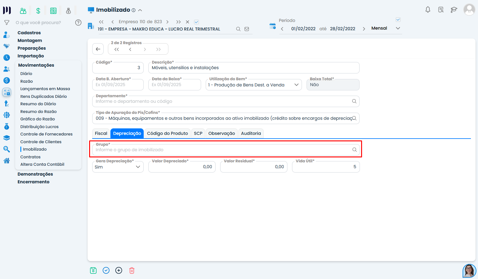 Tela do Sistema Contábil Makro destaca o campo Grupo na aba Depreciação para configurar corretamente a Inclusão de imobilizado financiado.
