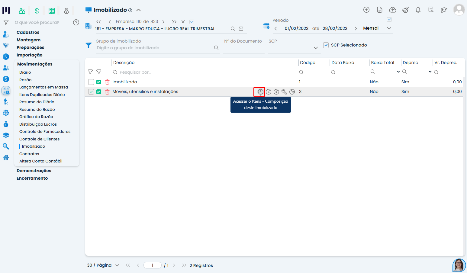 Tela de Imobilizado do Sistema Contábil Makro destaca o ícone para acessar itens e composição durante o processo de Inclusão de imobilizado.