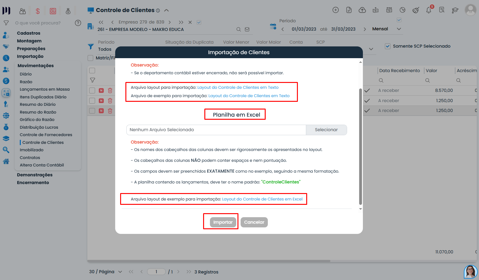 Janela do Sistema Contábil Makro exibe opções de arquivos TXT e Excel para importar Saldo de clientes no Balanço de abertura com facilidade.