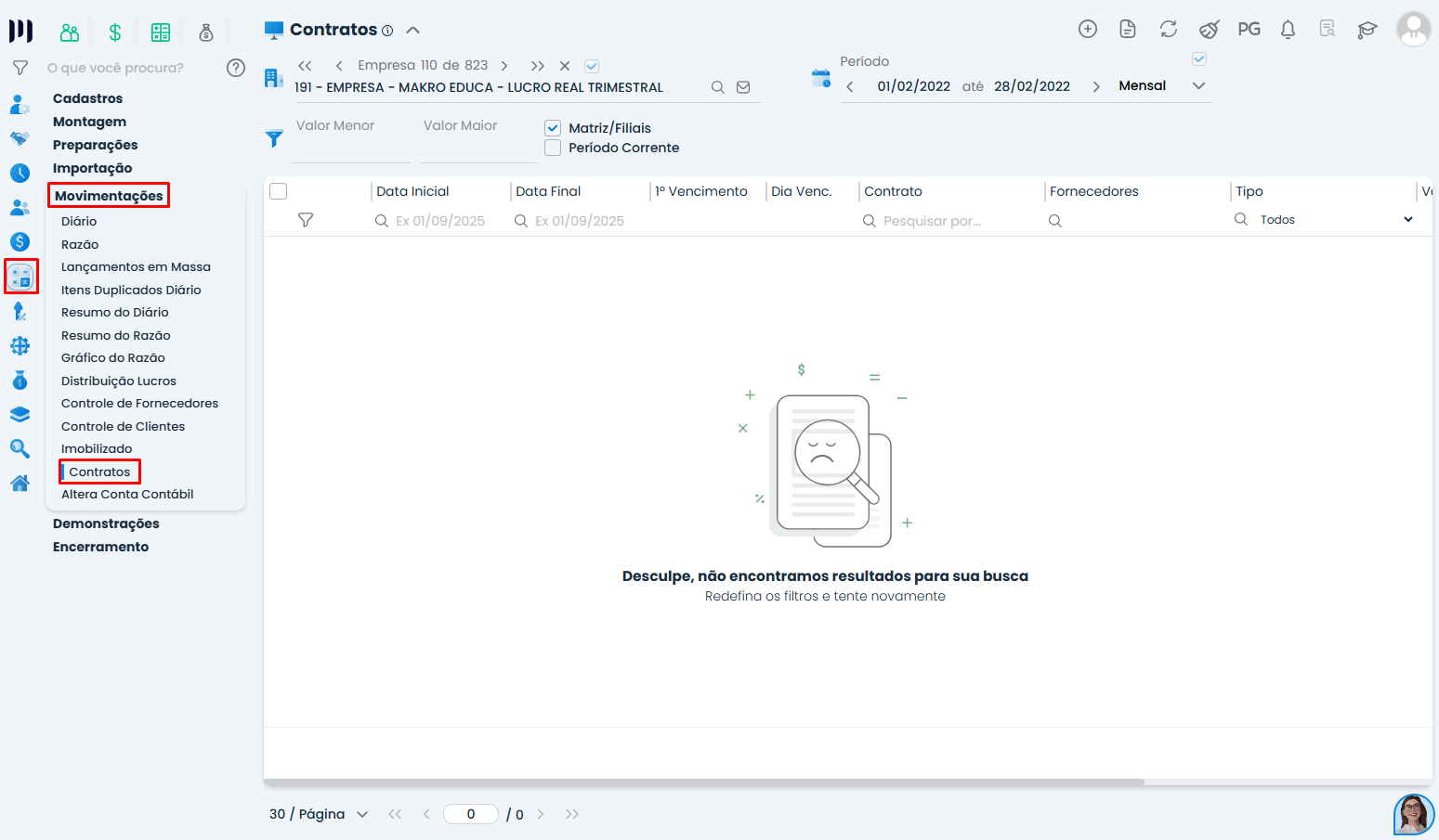 Tela de Contratos do Sistema Contábil Makro com menu destacado para iniciar o Cadastro de Imobilizado Financiado e registrar o contrato.