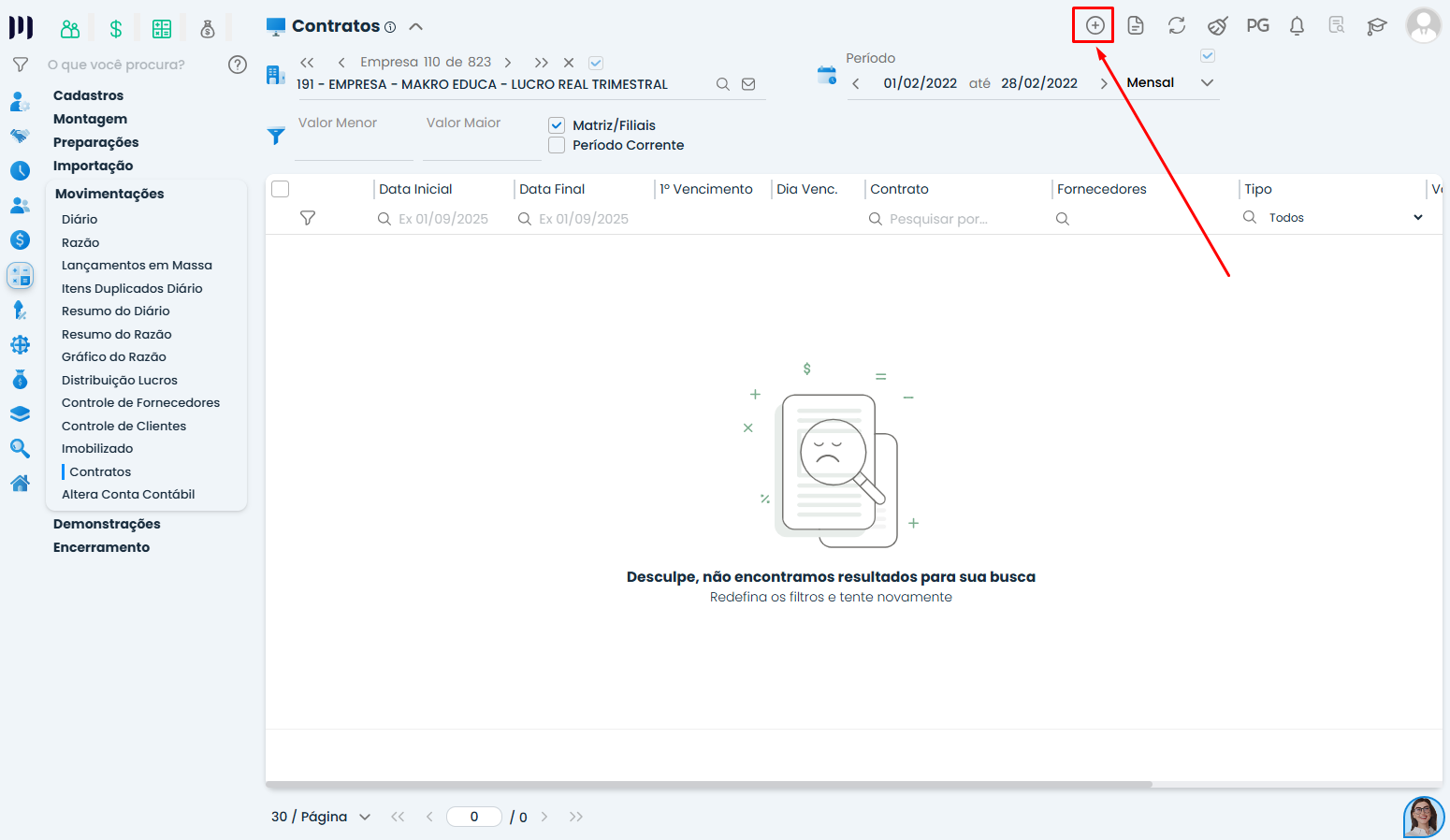 Tela de Contratos do Sistema Contábil Makro com botão de inclusão destacado para iniciar o Cadastro de Imobilizado Financiado no sistema.