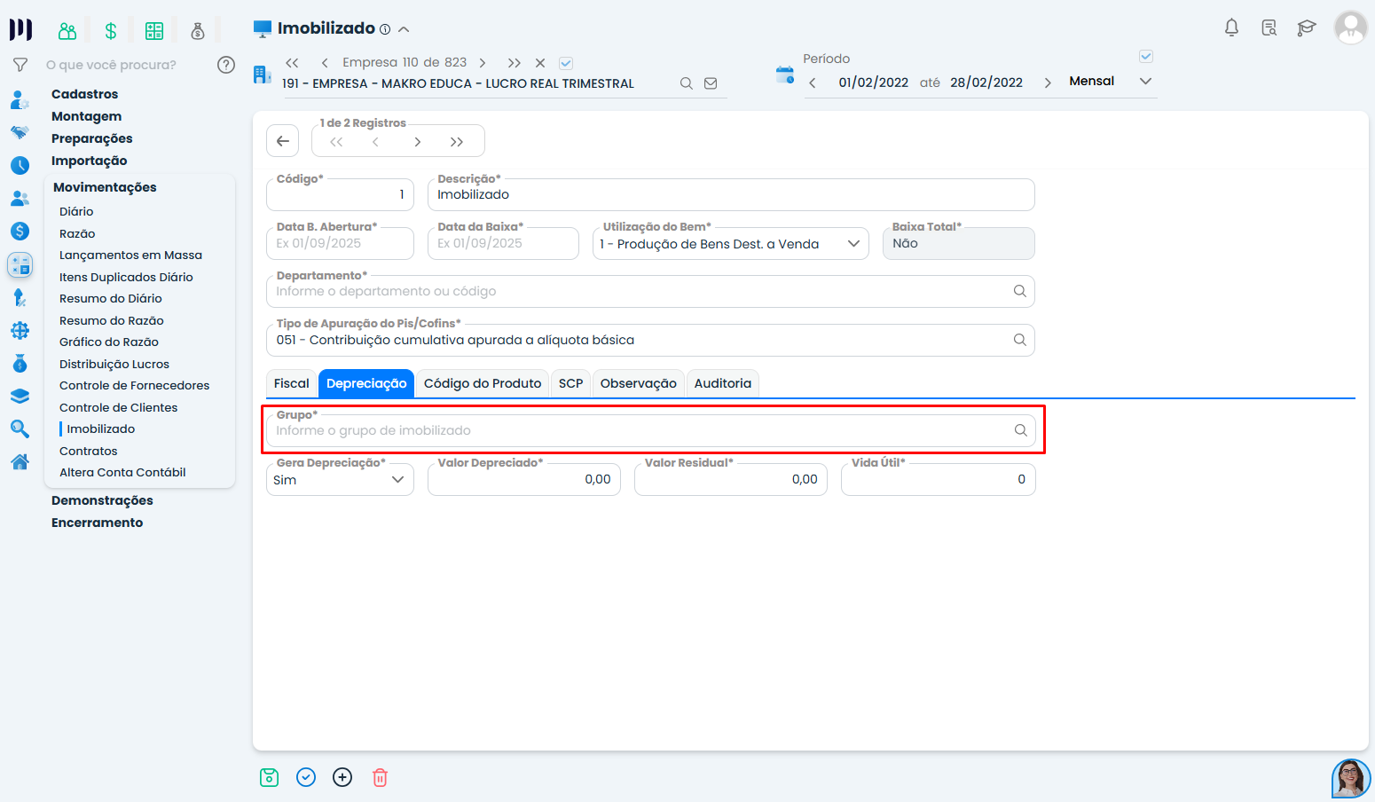 Tela de depreciação do Sistema Contábil Makro com campo Grupo destacado para preenchimento no Cadastro de Imobilizado Financiado.