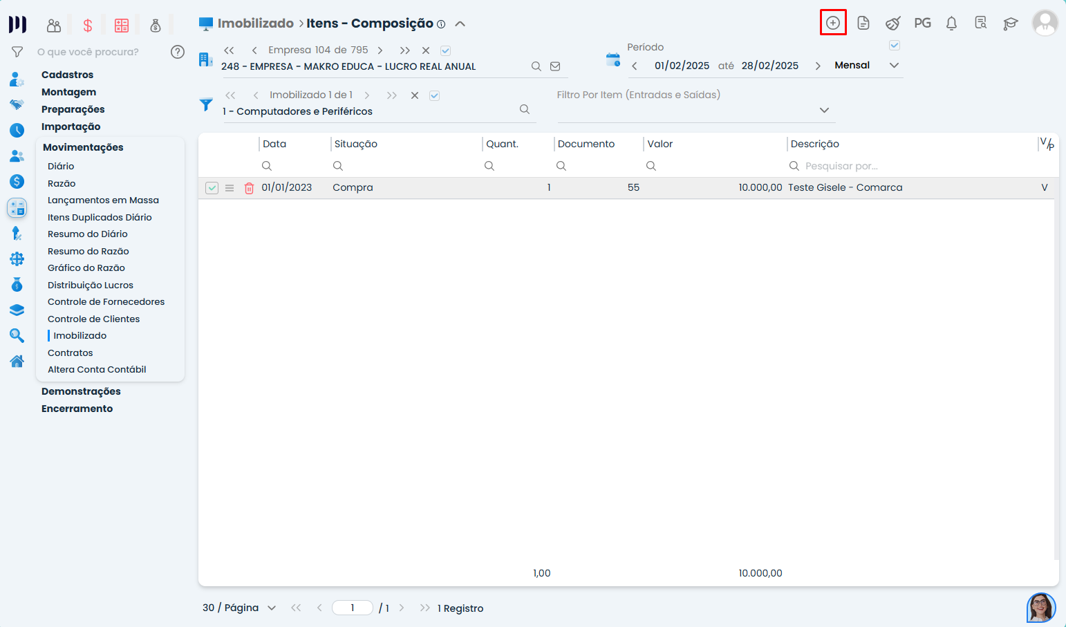 Itens de composição do Imobilizado no Sistema Contábil Makro com registro detalhado na Configuração do Deparatmento Contábil.