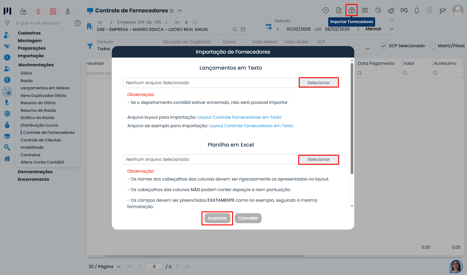 Janela de importação de fornecedores no Sistema Contábil Makro para carregar dados na Configuração do Deparatmento Contábil.