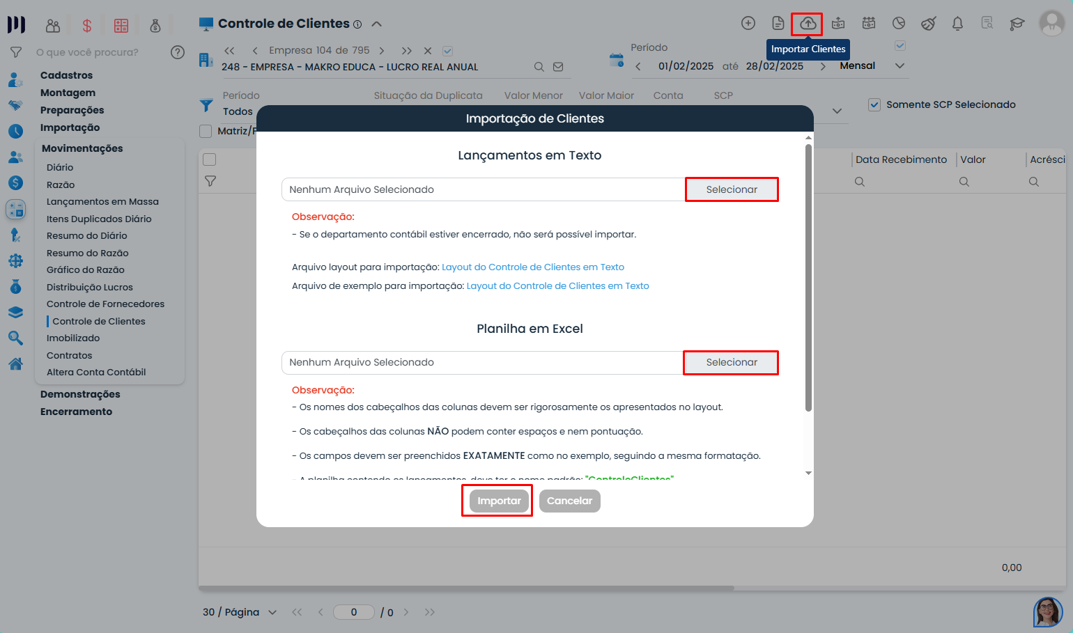 Janela de importação de clientes no Sistema Contábil Makro para carregar planilhas na Configuração do Deparatmento Contábil.