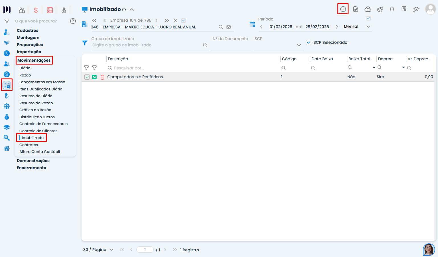 Tela de Imobilizado do Sistema Contábil Makro com registro de ativo selecionado na Configuração do Deparatmento Contábil.