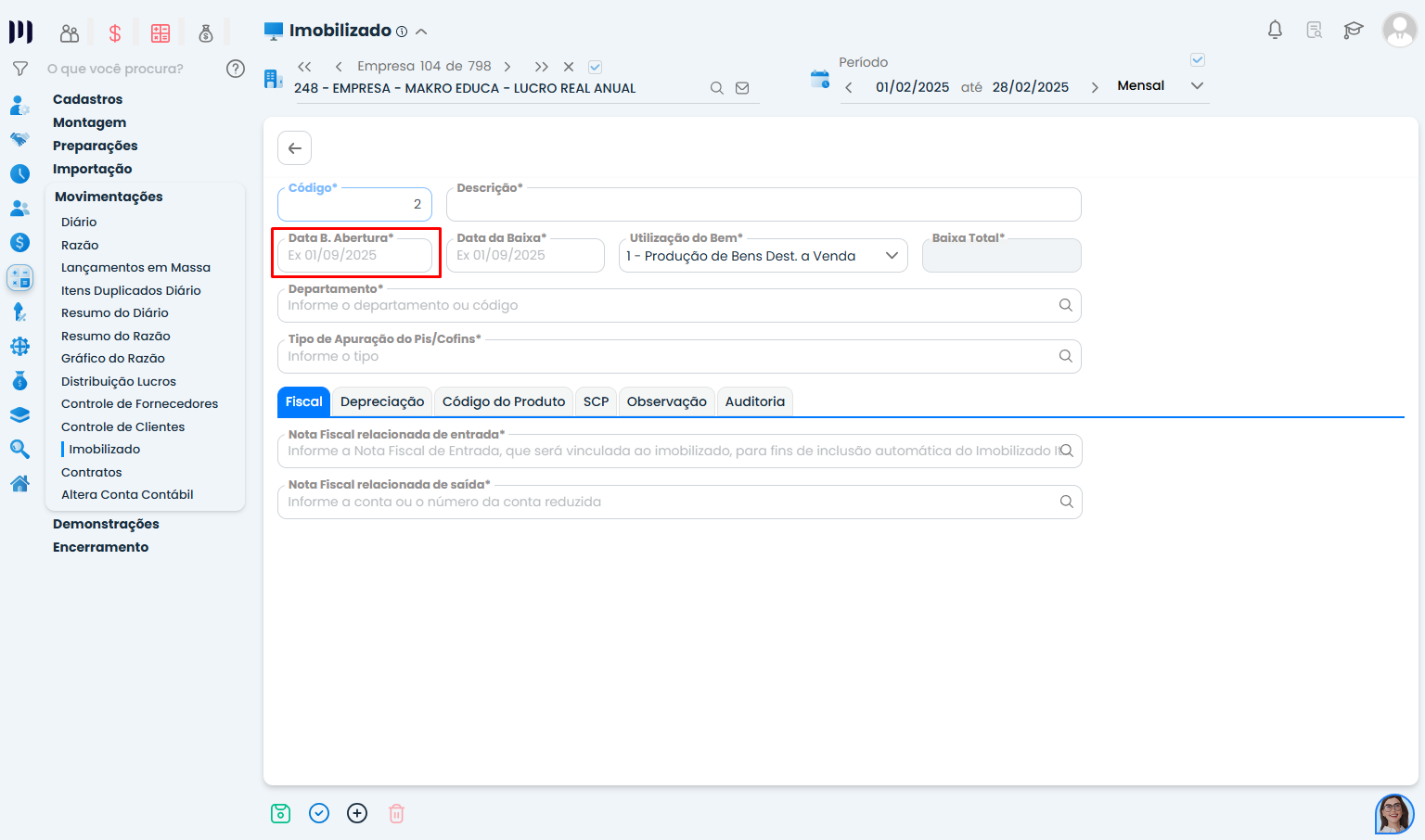 Cadastro de Imobilizado no Sistema Contábil Makro com campo Data B. Abertura destacado na Configuração do Deparatmento Contábil.