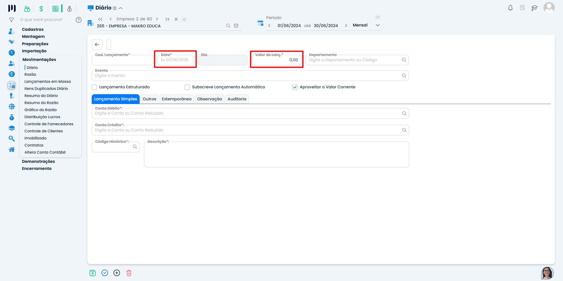 Formulário do Sistema Contábil Makro destaca campos de data e valor para preencher ao fazer Lançamentos contábeis manualmente.