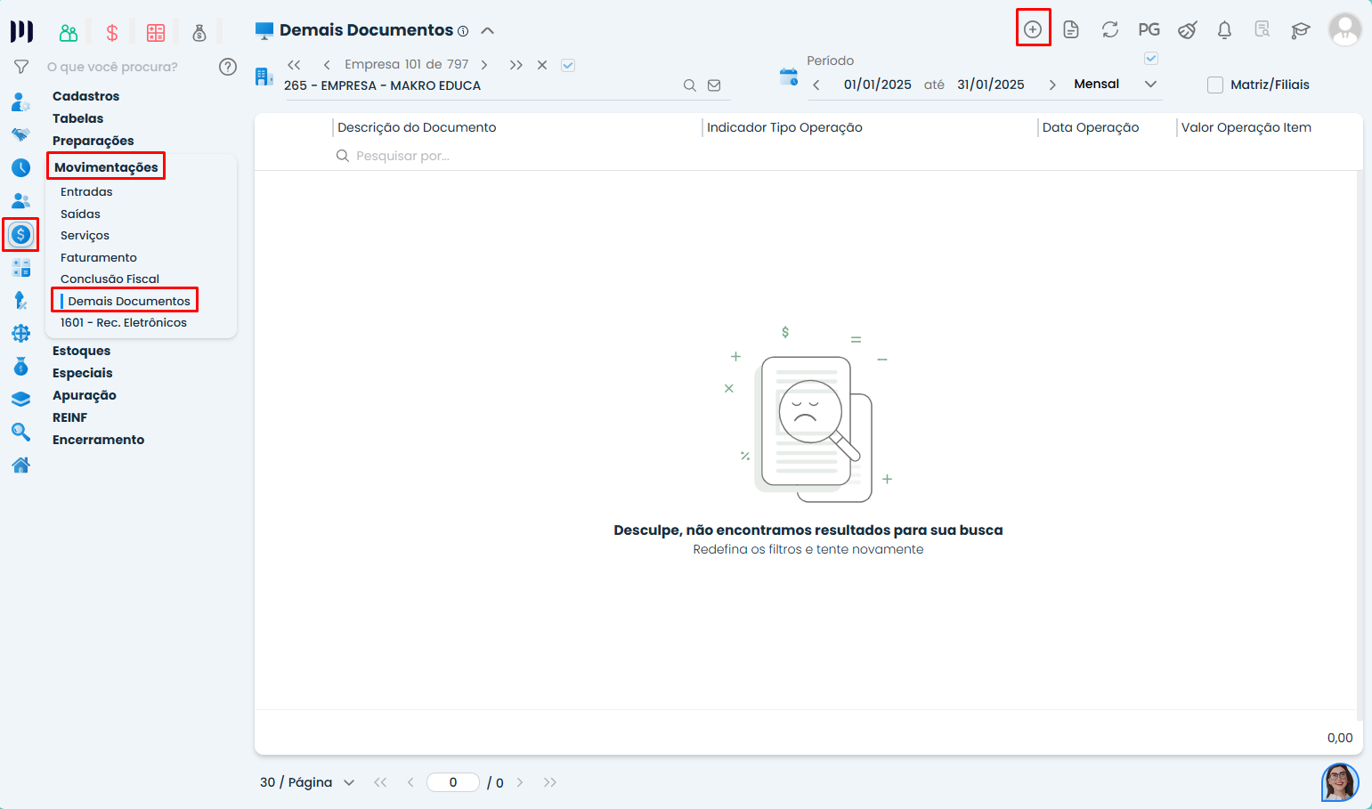 Tela de Lançamentos de Demais Documentos no Sistema Contábil Makro, com menu Fiscal, opção Demais Documentos e botão de inclusão destacados.