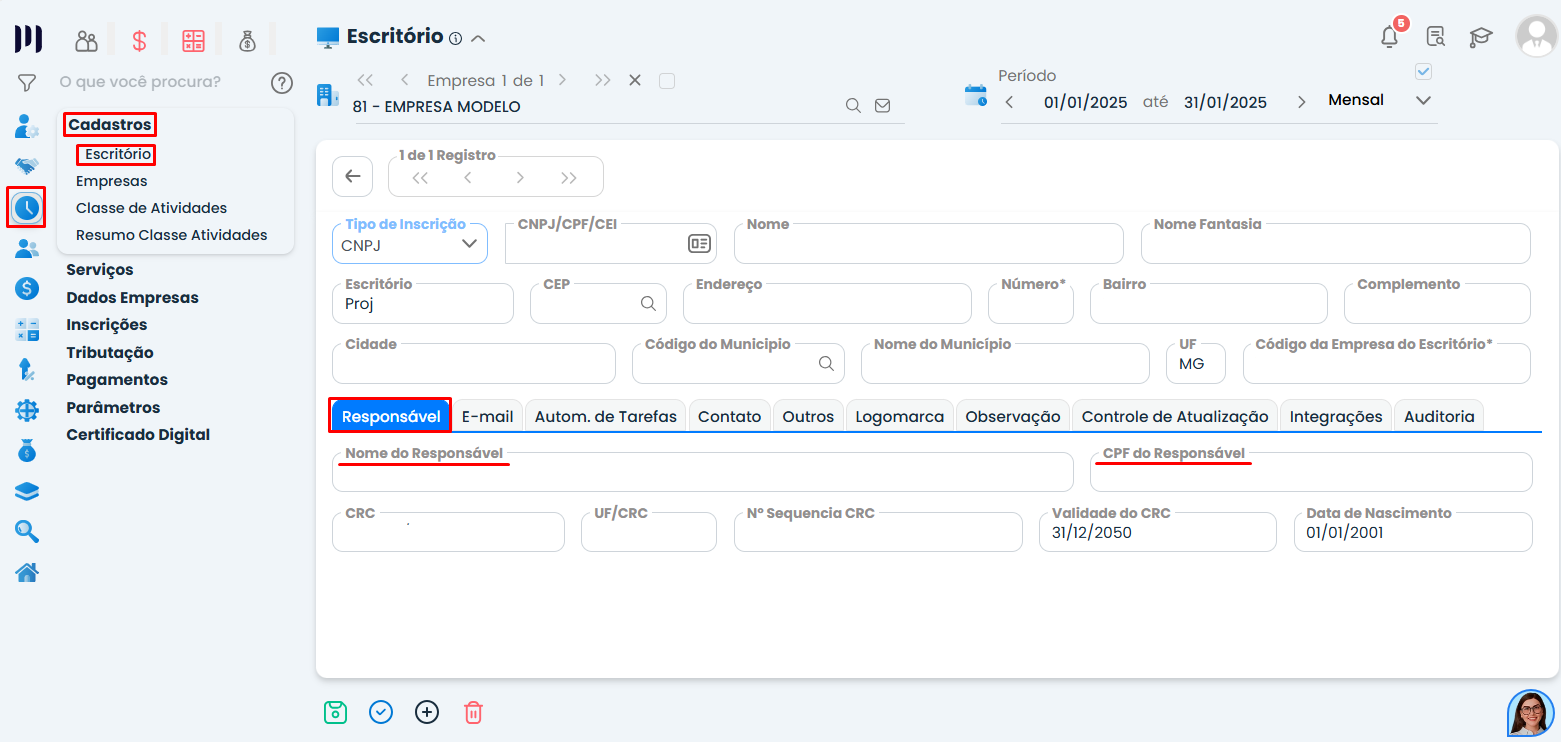 Tela do Sistema Contábil Makro no cadastro de Escritório, com a aba Responsável destacada para conferir os dados do Responsável DIRF cadastrado.