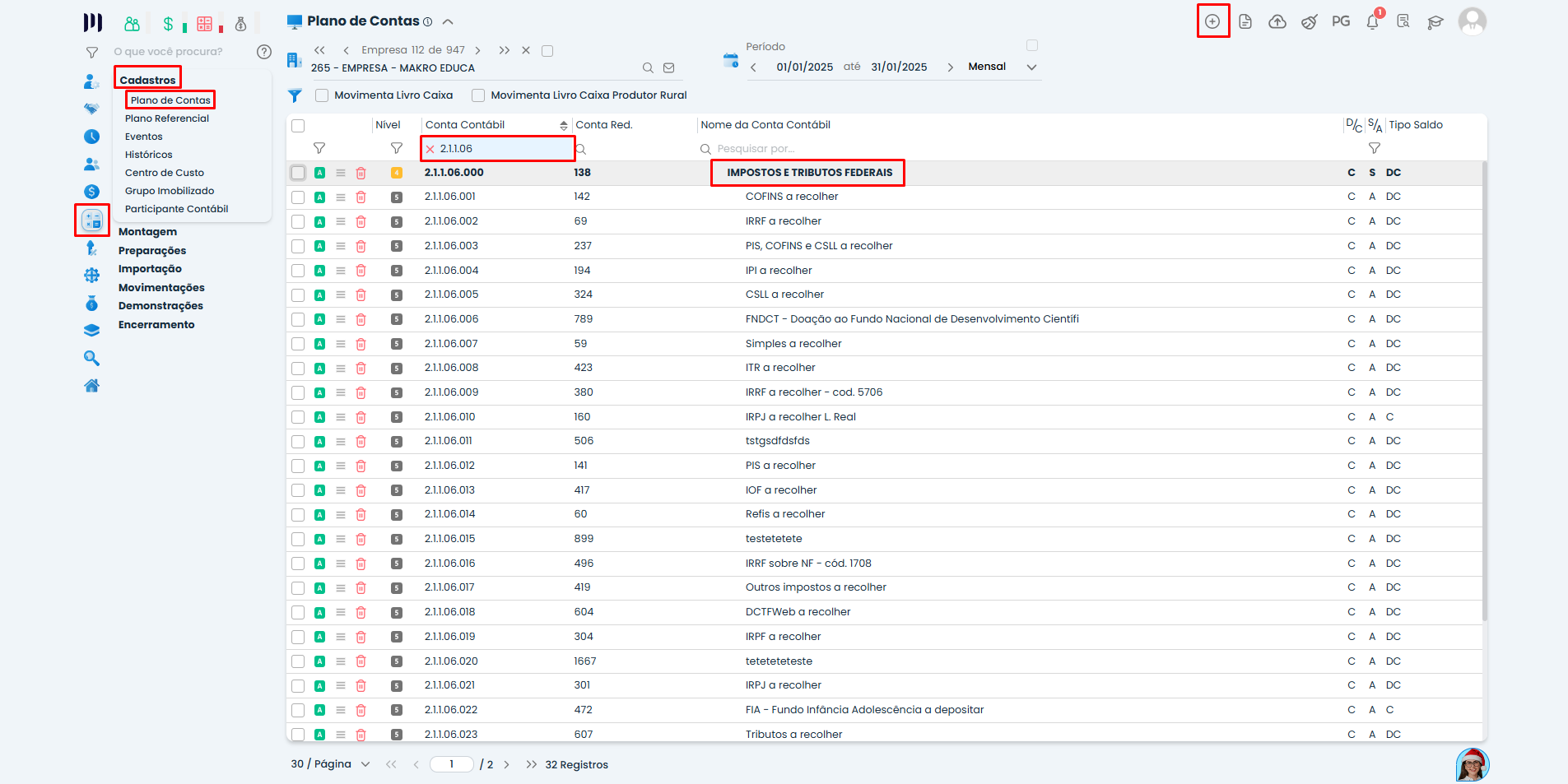 Plano de Contas do Sistema Contábil Makro com grupo Impostos e Tributos Federais destacado para configurar DCTFWeb - INSS e IRRF.