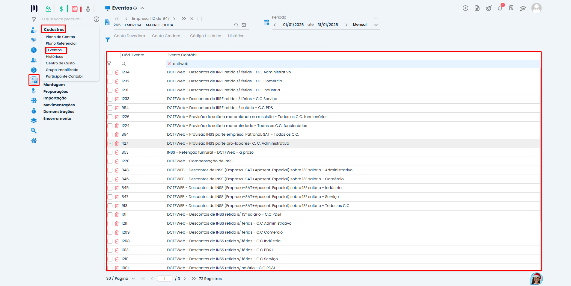 Tela de Eventos do Sistema Contábil Makro apresenta lista de eventos contábeis para configurar lançamentos de DCTFWeb - INSS e IRRF.