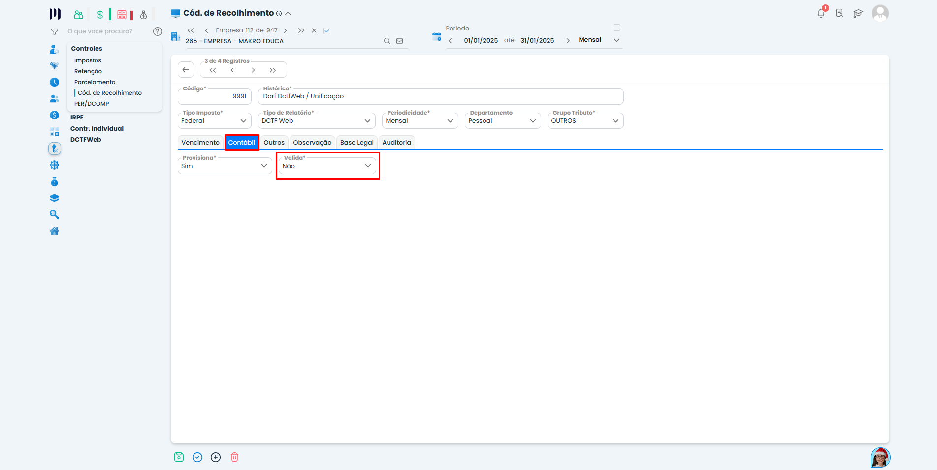 Aba Contábil do código 9991 no Sistema Contábil Makro destaca o campo Validar para configurar corretamente DCTFWeb - INSS e IRRF.