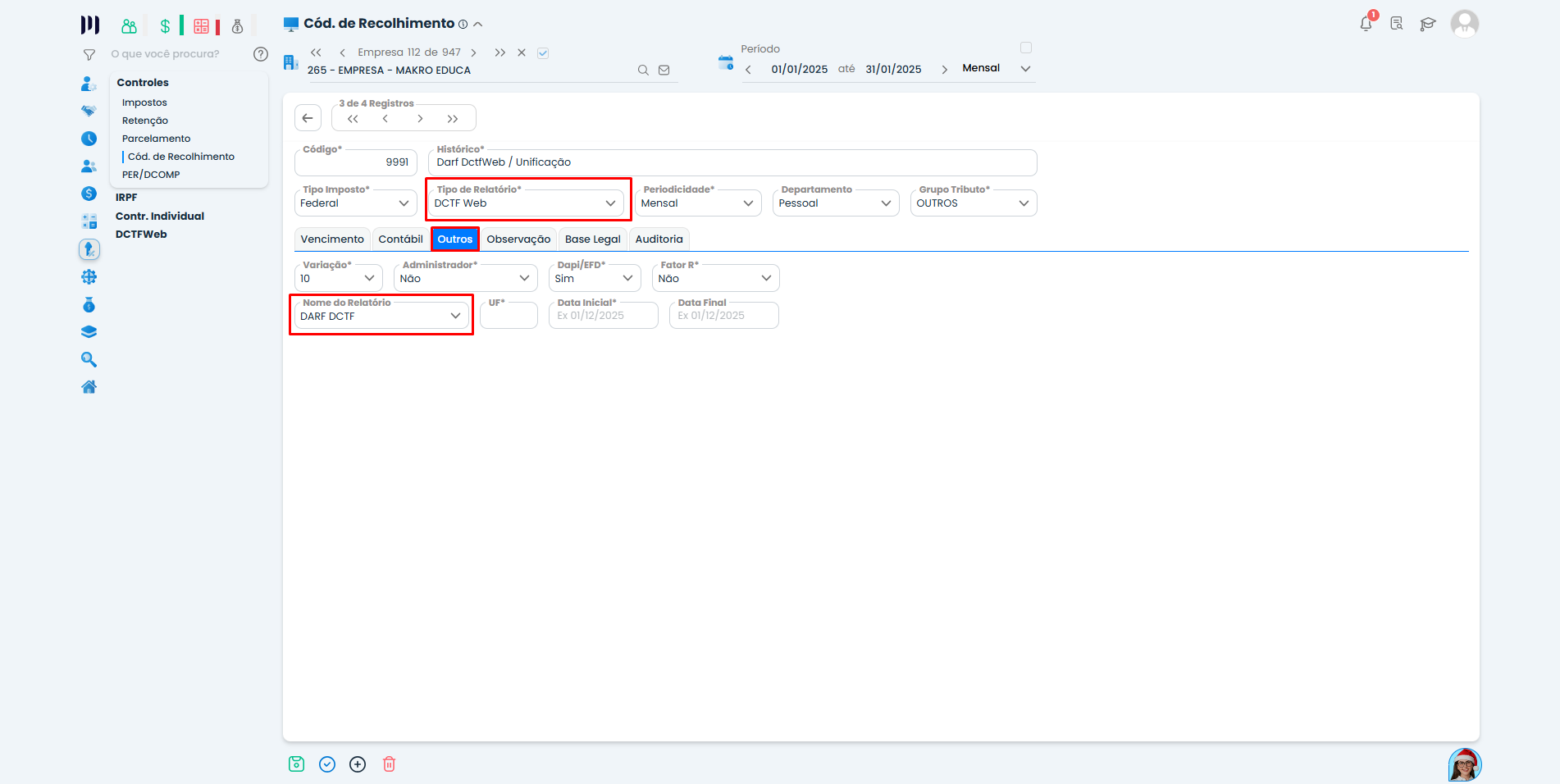 Aba Outros do código 9991 no Sistema Contábil Makro destaca índice de relatório DARF DCTF para configurar DCTFWeb - INSS e IRRF.