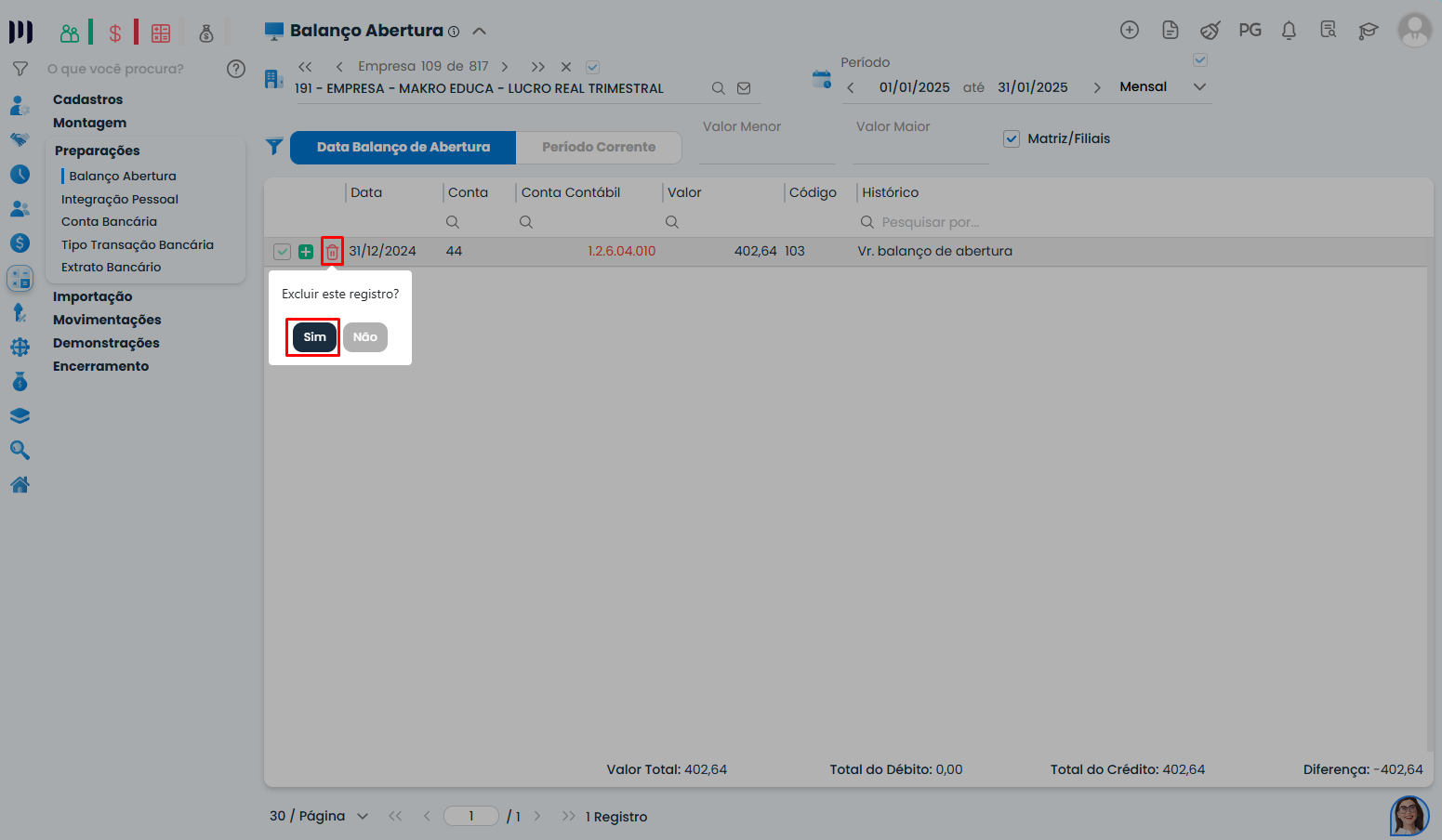 Janela de exclusão de registro no Sistema Contábil Makro, com a opção Sim destacada para ajustar a inconsistência Diário x Imobilizado.